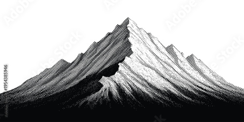 Abstract vector mountain peaks, black and white halftone effect, landscape illustration