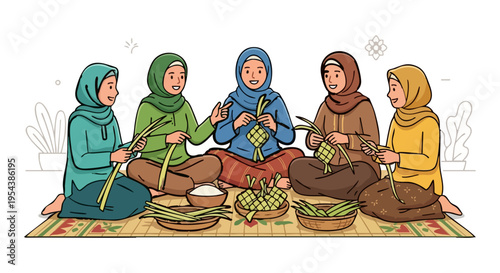 A group of Muslim women make ketupat in celebration of Eid al-Fitr.