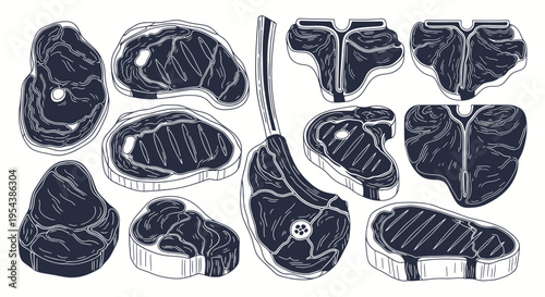 Assorted Raw Beef Steaks Collection - Hand Drawn Vector Illustrations