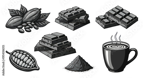Cocoa beans, chocolate bars, powder, and hot chocolate illustration