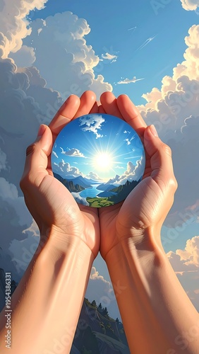 A person holds a glowing blue globe with a sunny landscape