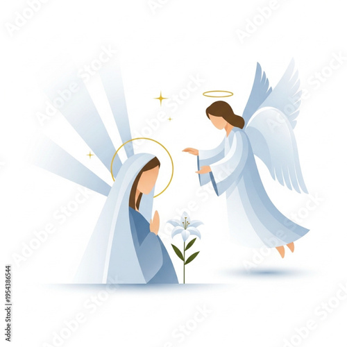 Stylized Angel Appearing to Mary Vector Illustration with Lily and Light Rays