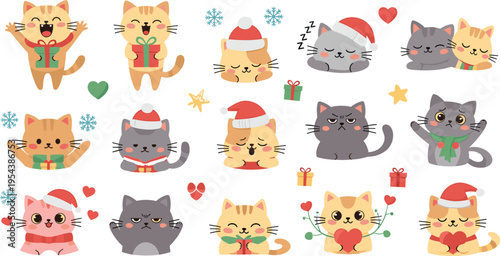 Cute Christmas kittens set with gifts scarves hats and emotions, adorable cartoon cats in winter holiday theme vector illustration collection