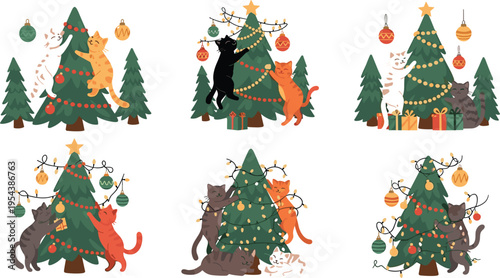Cute cats decorating Christmas tree set with lights ornaments and gifts, festive holiday pets playing around pine tree vector illustration collection