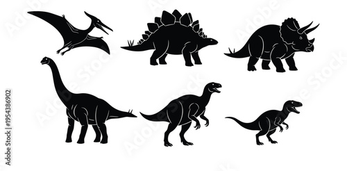  Black vector silhouette set of dinosaurs including Tyrannosaurus Rex Triceratops and Stegosaurus for concepts of prehistoric wildlife paleontology and educational branding,