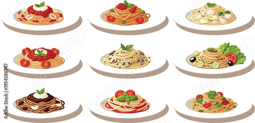 Vector illustration set of various delicious Italian pasta dishes on white plates including spaghetti bolognese carbonara marinara and pesto branding,