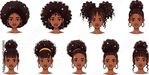 African afro puff hairstyles collection with natural curly hair buns diverse women portraits vector illustration