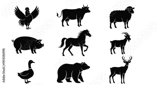 Black vector silhouette set of farm and forest animals for concepts of agriculture livestock wildlife nature conservation and organic branding, (