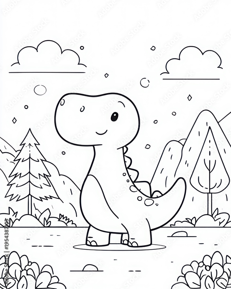 Obraz premium Cute cartoon dinosaur in a minimal line art style designed for children’s coloring pages.Simple clean illustration with playful scenery and friendly character design.