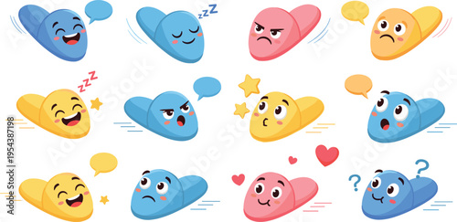 Cute slippers emotions set with happy sad angry sleepy and love expressions, colorful cartoon footwear characters with speech bubbles vector illustration collection