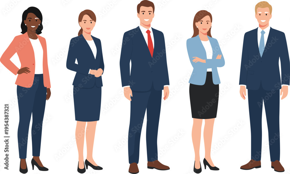 Obraz premium Diverse group of professional business people and office employees standing together in formal suits isolated on white background vector.