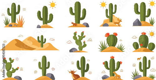 Photography Desert cactus landscape set with succulents sand dunes and wild animals, arid na
