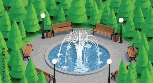 Vector isometric illustration of a city park circular plaza with a water fountain benches street lamps and green pine trees,
