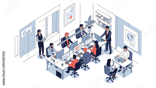 Busy modern office workspace in an isometric view with people working at desks with computers and discussing projects.