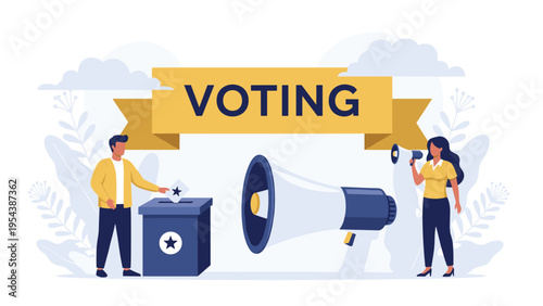 Public voting concept with people using a ballot box and a megaphone to encourage civic participation and election awareness.