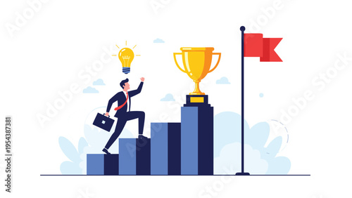 Determined businessman climbing a blue bar graph toward a golden trophy and bright idea lightbulb to achieve career success and milestones.