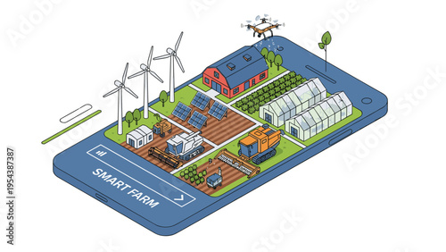 Smart farm isometric concept on a smartphone screen showing wind turbines, solar panels, greenhouses, and autonomous machinery.