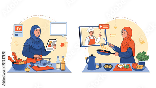 Young Muslim woman wearing a hijab learning new recipes while watching online cooking tutorials and preparing fresh food in her home kitchen.