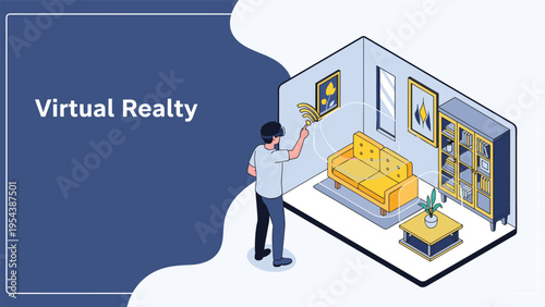 Person using a virtual reality headset to visualize furniture layout and interior design options within a modern apartment living room setting.