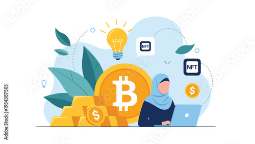 Muslim woman in a hijab working on her laptop surrounded by icons for bitcoin, gold bars, and NFT ideas for successful financial investments.