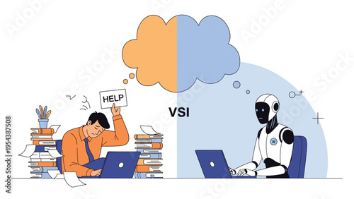 Stressed office worker seeking help while a modern robot assistant works efficiently on a laptop, symbolizing the impact of artificial intelligence.