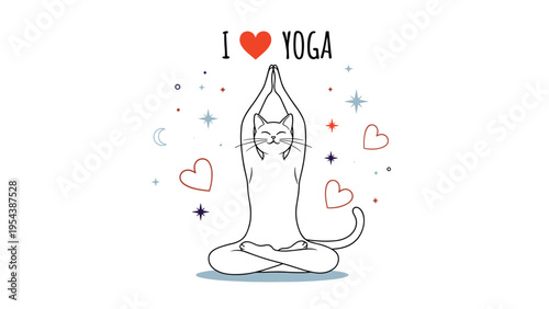 Charming cat character performing a yoga pose surrounded by hearts and stars to represent peace, mindfulness, and healthy spiritual lifestyle.