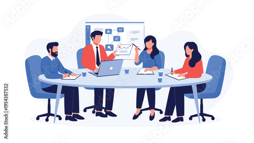 Business team collaborating during a productive meeting around a conference table while analyzing data charts and project strategy reports.