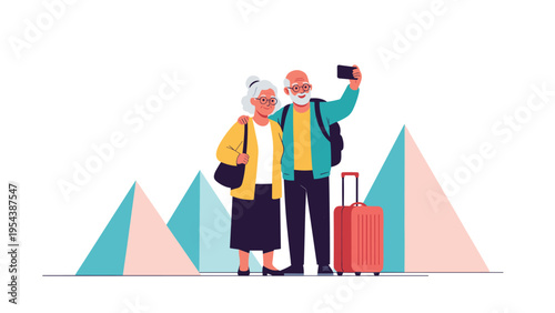 Happy senior couple taking a selfie with a smartphone while traveling and visiting ancient pyramids in the desert for an adventurous vacation.
