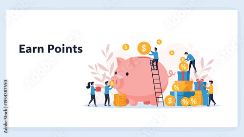 Small people working together to fill a giant pink piggy bank with gold coins and cash, representing collective saving and financial rewards.