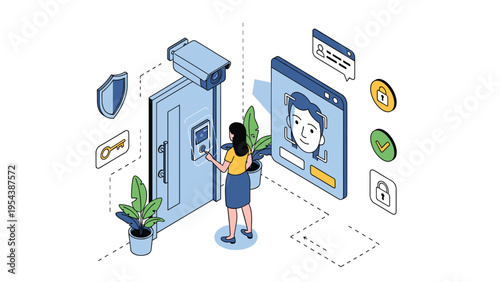 Woman using high-tech biometric security features like facial recognition and fingerprint scanning to gain access to her smart home building.