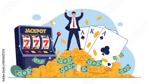 Successful businessman celebrating a big jackpot win with a slot machine, playing cards, and a massive pile of gold coins and cash banknotes.