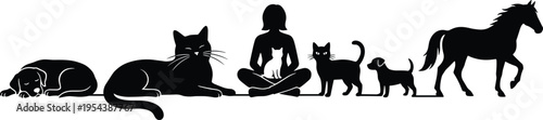 Woman with Pets Silhouette Collection Featuring Cat, Dog and Horse, Animal Companionship, Pet Care, Veterinary and Animal Lover ConceptWoman with Pets Silhouette Collection