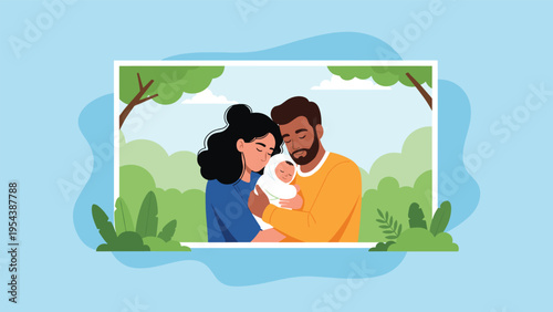 Happy diverse family couple holding their newborn baby in a frame against a beautiful green nature park background.