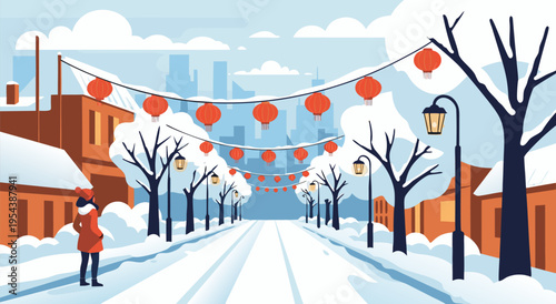 Winter Lantern Festival Street Scene A Festive Vector Illustration of Chinese New Year Celebrations in a Snowy Cityscape