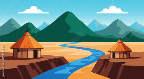 Vibrant Vector Illustration of African Village Life and Landscape with River and Mountains