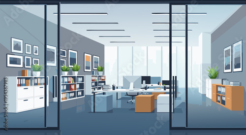 Modern office interior, a bright and spacious vector illustration featuring workstations, shelving, and decor