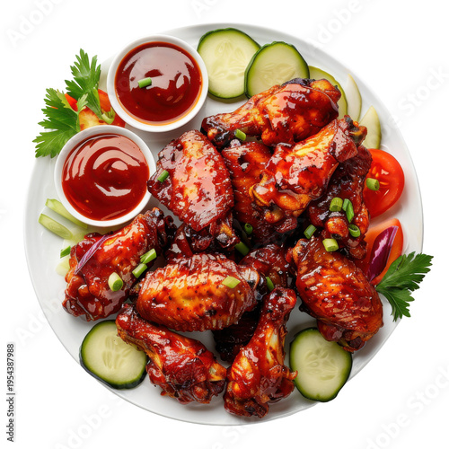 Deliciously Glazed Chicken Wings Served with Fresh Vegetables and Dipping Sauces on a White Plate on transparent background