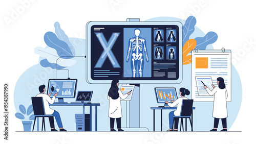 Medical scientists in a laboratory analyzing human skeletal structure on a large digital screen for research.