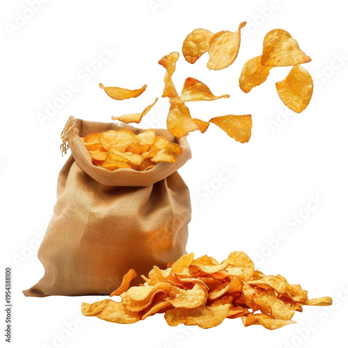 Crispy Potato Chips in a Brown Bag with Spilled Chips, Perfect Snack for Any Occasion on transparent background