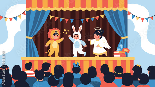 Children in various animal and angel costumes performing on a stage for an audience during a school play event.