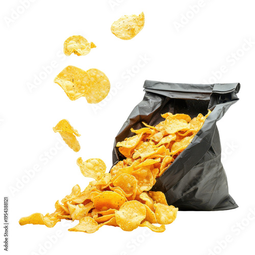 Crispy Potato Chips Spilling from a Black Bag on a White Background, Perfect for Snacking and Sharing on transparent background
