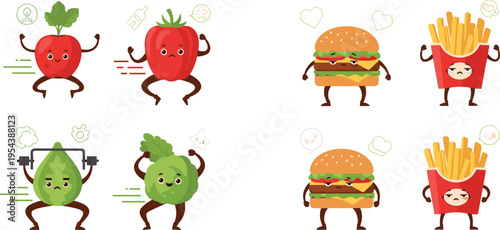 Healthy versus fast food fitness characters set with vegetables and junk food exercising, nutrition lifestyle comparison concept vector illustration collection