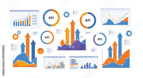 Business analytics dashboard vector illustration with KPI charts graphs data reports performance metrics financial growth and digital marketing analysis interface elements