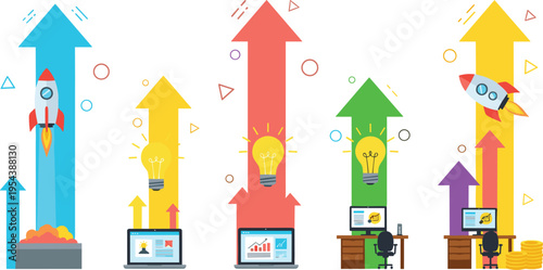 Business growth and innovation concept vector illustration with rockets lightbulb ideas rising arrows analytics teamwork and startup development success elements