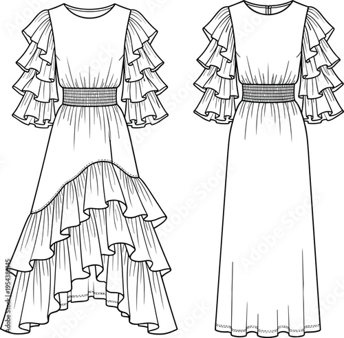 Elegant ruffle sleeve dress fashion illustration with layered high-low skirt and maxi version, detailed line art clothing design for women apparel and couture concepts