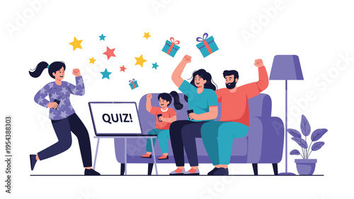 Excited family and friends participating in an online quiz game on a laptop and celebrating their victory together.