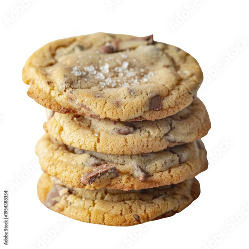 Freshly Baked Chocolate Chip Cookies Stacked with Sea Salt for Delicious Treats on transparent background
