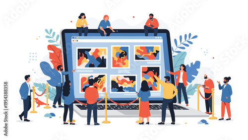 Digital art gallery concept with tiny people exploring various colorful abstract paintings on a large laptop screen.