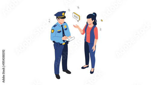 Police officer in uniform talking to a woman and writing a report on a notepad in an isometric flat design style.