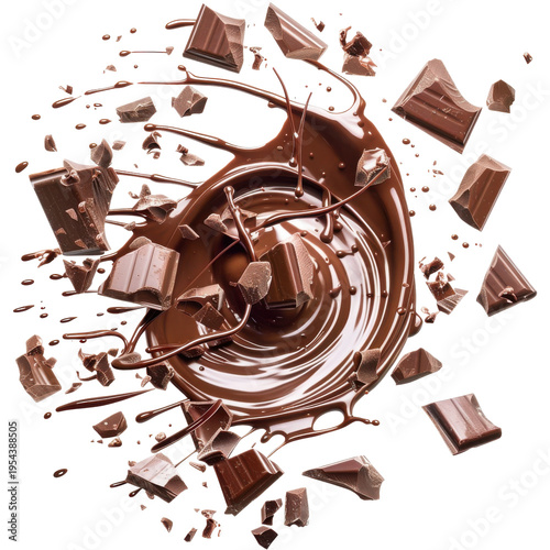 Rich, Melting Chocolate Splash with Broken Pieces Capturing the Essence of Decadence and Indulgence on transparent background